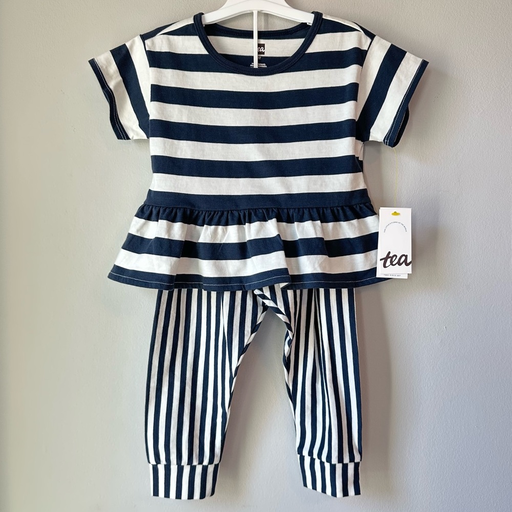 Tea Collection Nautical Stripe Drop Waist Americana Ruffle Set Size 3T NWT